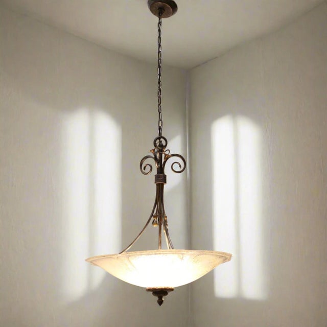 Iridescent Glass Flower Pendant Light | Wrought Iron Detail For Sale - Image 11 of 11