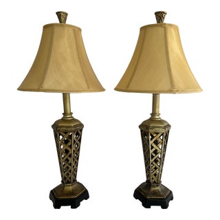 Late 20th Century Golden Latticework Table Lamps - a Pair For Sale