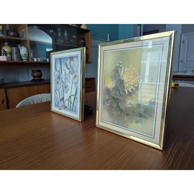 Asian Vintage Mid-Century Pastel Florals & Brass Gallery Framed Art Prints — A Pair For Sale - Image 3 of 6
