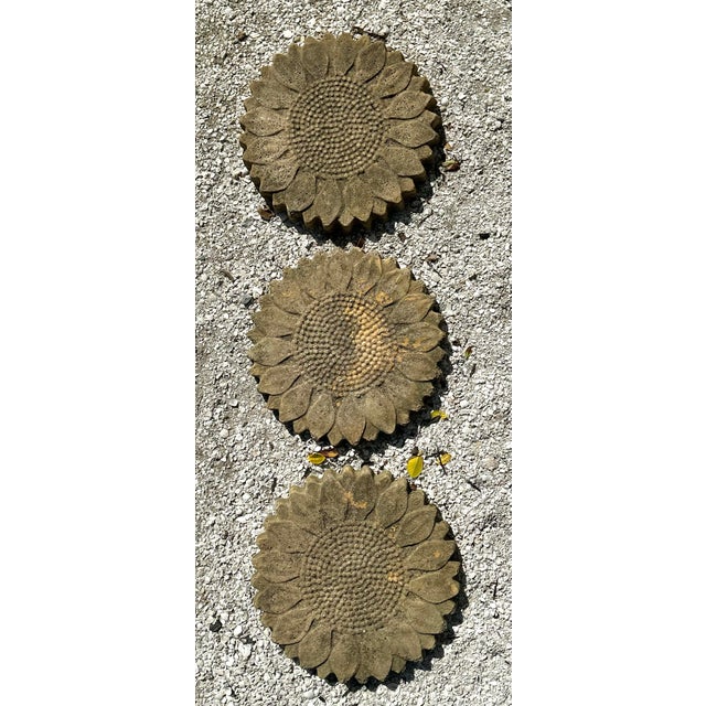 Tan Vintage Patinated Sunflower Cast Concrete Pavers - Set of 3 For Sale - Image 8 of 10