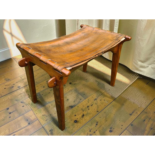 Vintage Stool in Natural Leather and Wood by M. Hayat & Bros., 1960s For Sale - Image 10 of 11