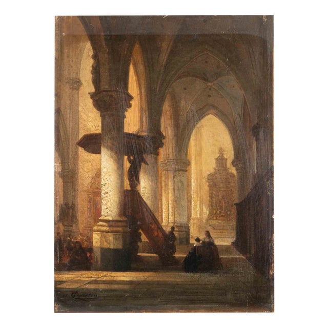 Jules Victor Génisson, Interior of Church, Oil on Board, Mid-19th Century For Sale