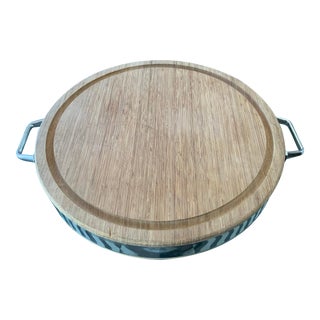 2000s Large Contemporary Round Charcuterie / Cutting Board With Steel Band and Handles For Sale