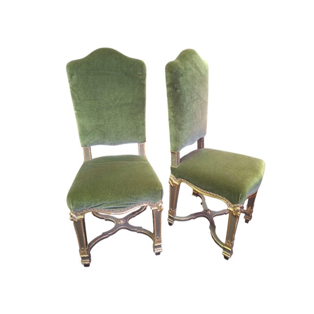 Wood Chairs in Lacquered and Gilded Wood with Green Velvet Upholstery, 1940s, Set of 2 For Sale - Image 7 of 18