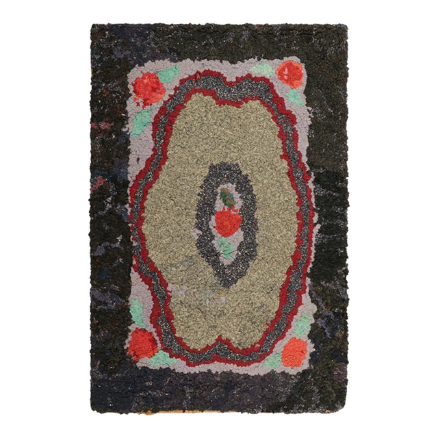 Antique Hooked Rug With Floral Medallion in Red and Green | Rug & Kilim For Sale