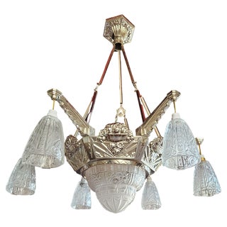 Large Art Deco Chandelier in Chromed Metal and Depowed Glass, 1930s For Sale