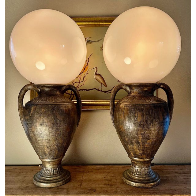 Vintage Antique Gold Black Greek Key Amphora Urn Globe Table Lamps. The original Classic Grecian Art Pottery Urns have a...