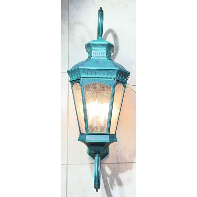 Contemporary Monumental Coach Style Brass & Bronze Wall Lantern With Verdigris Finish . For Sale - Image 3 of 15