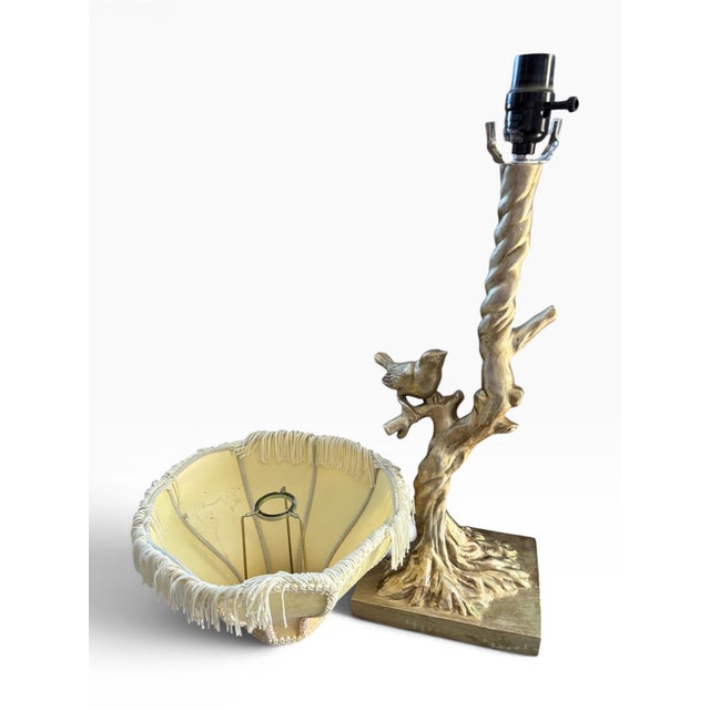 Metal Bird on Tree Trunk Table Lamp With Fringed Scalloped Shade | Hollywood Regency For Sale - Image 7 of 9