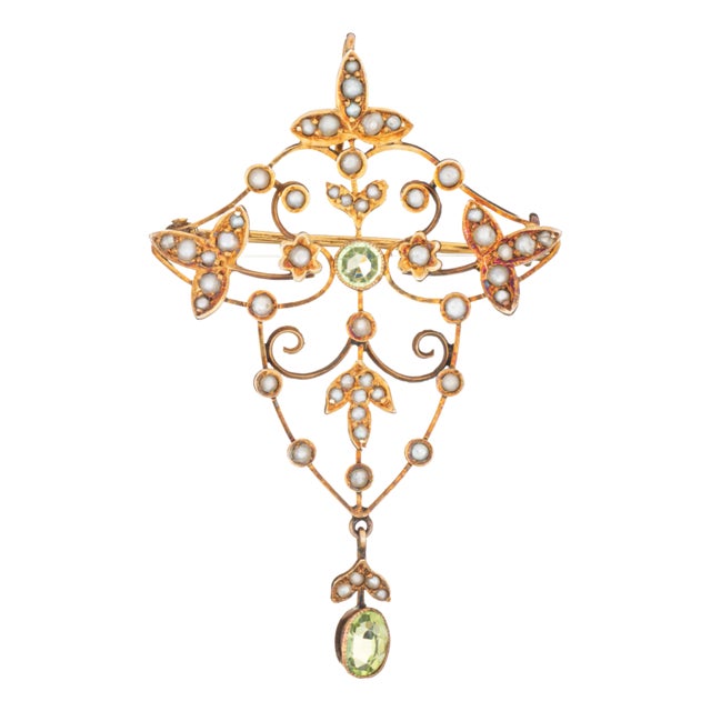 Early 20th Century Antique Edwardian Pendant Brooch Peridot Seed Pearls 9k Yellow Gold Jewelry For Sale