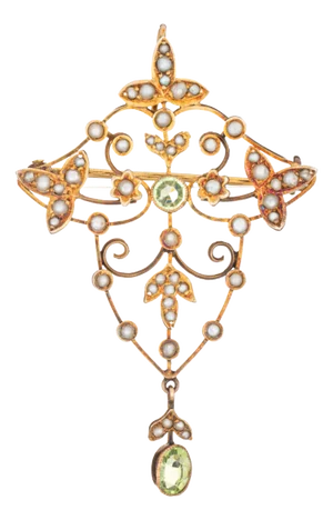 Early 20th Century Antique Edwardian Pendant Brooch Peridot Seed Pearls 9k Yellow Gold Jewelry