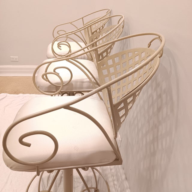 Vintage French Style Wrought Iron Indoor/Outdoor Swivel Barstools W/Cream Coating, Lattice Back and a Beautiful Silky Cream Upholstered Seat, 3 Pieces For Sale - Image 9 of 16