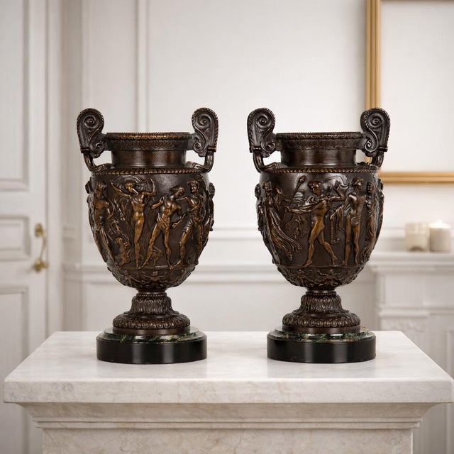 GRAND TOUR PATINATED BRONZE TOWNLEY VASES, A PAIR Probably French, cast circa 1870 10" H x 4" D (base) x 5 5/8" W Cast in...