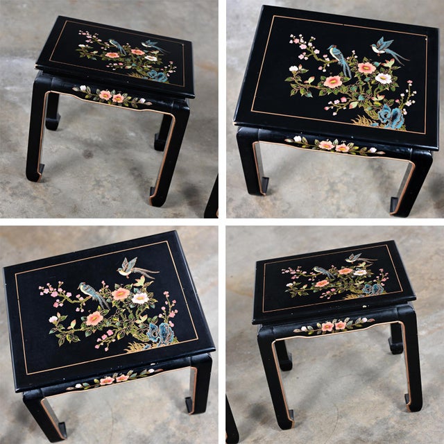 Late 20th to Early 21st Century Distressed Chinoiserie Pair Black Lacquered End or Side Tables Ming Style Feet For Sale - Image 12 of 12