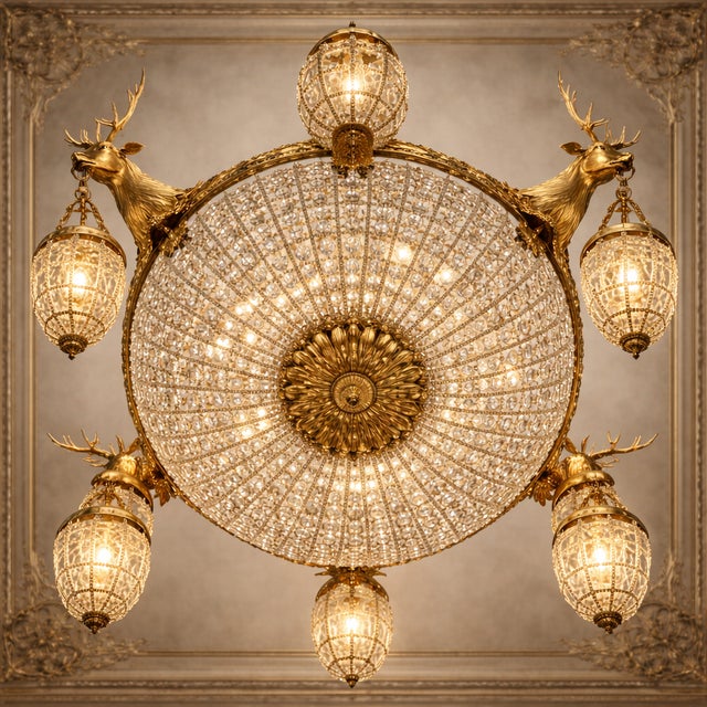 French Mid-20thC French Louis XVI Gilt Bronze Deer Chandelier For Sale - Image 3 of 9