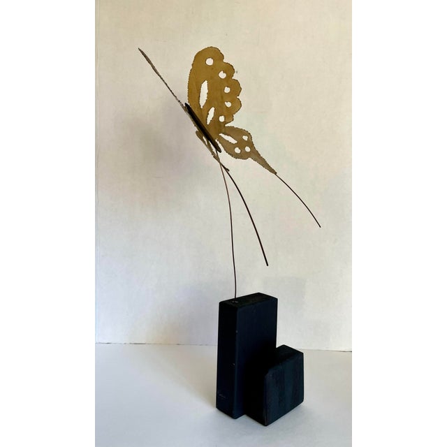 Mid-Century Modern 1970s Brutalist Torch Cut Butterfly Sculpture on Wood Base For Sale - Image 3 of 10