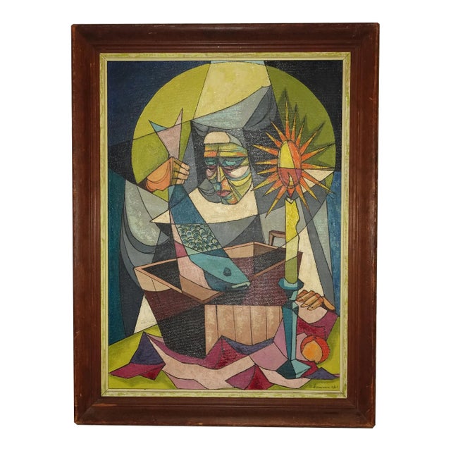 Mid 20th Century Cubist Oil Painting of a Nun with Candle, Framed For Sale