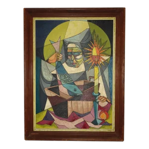Mid 20th Century Cubist Oil Painting of a Nun with Candle, Framed