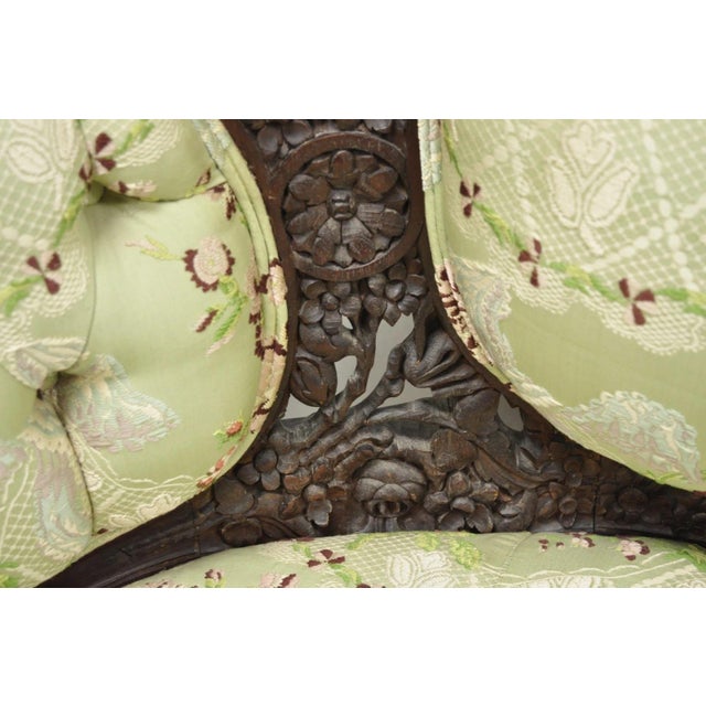 Antique Italian Renaissance Carved Walnut French Victorian Rams Head Green Sofa For Sale - Image 14 of 18