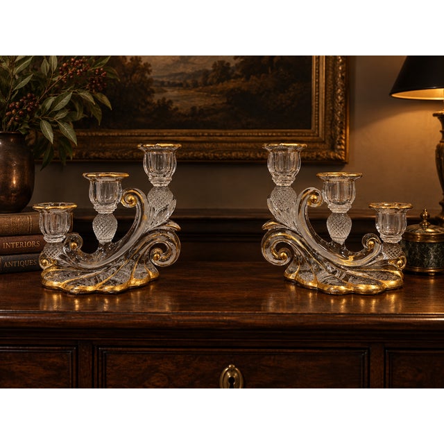 1930s Cambridge Glass Valencia Etched & Gilt 3-Light Candelabra – Pair For Sale - Image 12 of 17