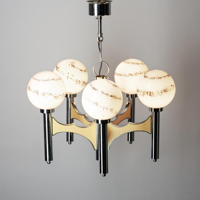 Gaetano Sciolari 5-Light Chandelier in Chrome with Hand-Painted Glass Lamp Shades by Gaetano Sciolari, Italy, 1960s For Sale - Image 4 of 13