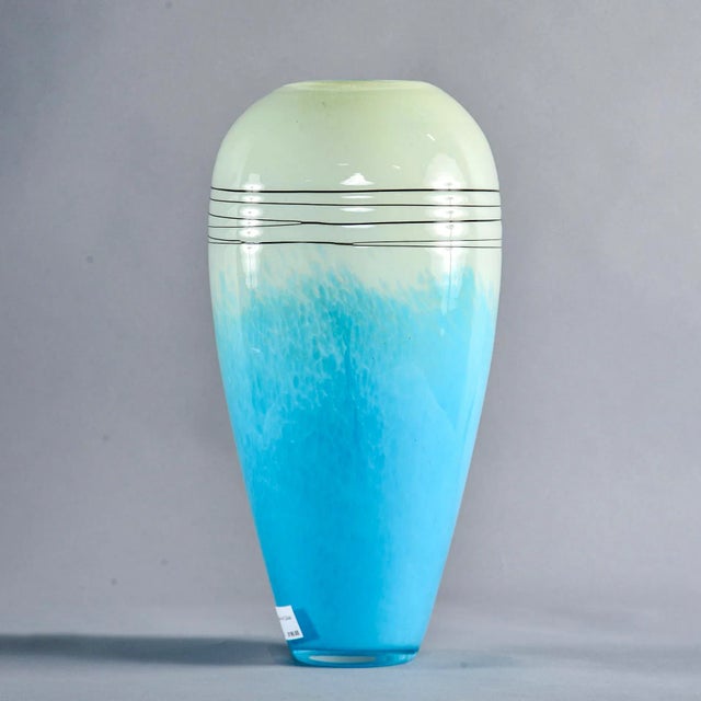 Glass Tall Mid Century Blue and Pale Green Art Glass Vase For Sale - Image 7 of 10