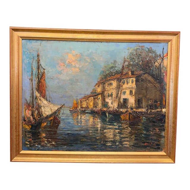 Original Harbor Scene Oil Painting 'Harbor Boats' For Sale