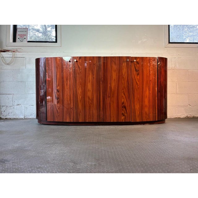Vintage Rosewood Credenza | Mid-Century Modern Curved End Sideboard With Chrome Pulls | Danish Modern Polished Wood Storage Cabinet For Sale - Image 4 of 10
