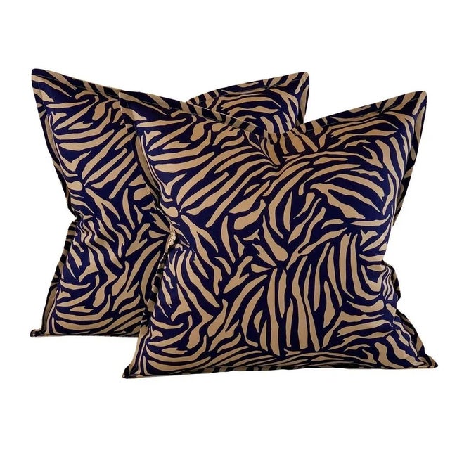 Blue Designer Vicki Payne Free Spirit Navy Blue & Taupe Zebra Animal Print Pillows- a Pair For Sale - Image 8 of 8