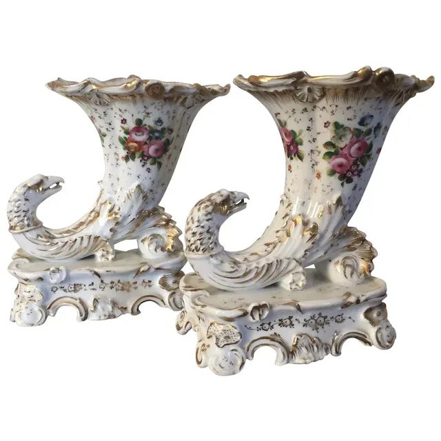 1830 Antique French Empire Porcelain Rhyton Eagle Head & Cornucopia Mantel Vases - A Pair For Sale - Image 13 of 13
