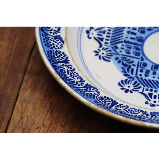 Ceramic 19th Century Portuguese Large Blue and White Wall Plate Depicting Palaces, Earthenware, Faience For Sale - Image 7 of 13