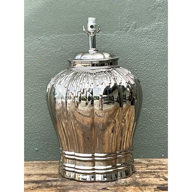 Mid-Century Modern Vintage Silver Mirror Finish Glazed Ceramic Lamp For Sale - Image 3 of 12