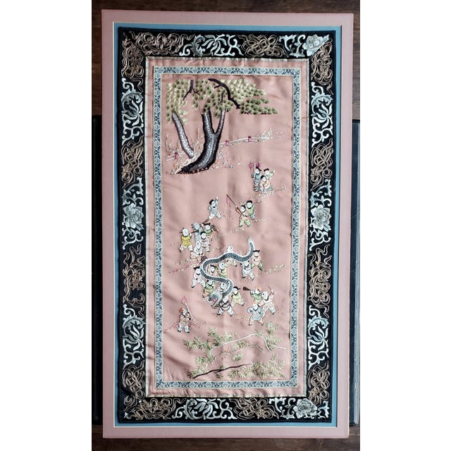 Textile Large Antique Chinese Chinoiserie Silk Embroidered Dragon Panel | Mounted Textile Wall Art For Sale - Image 7 of 8