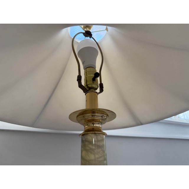 Metal Pair of Vintage Carved Onyx Table Lamps With Original Silk Shades, C. 1950 For Sale - Image 7 of 11