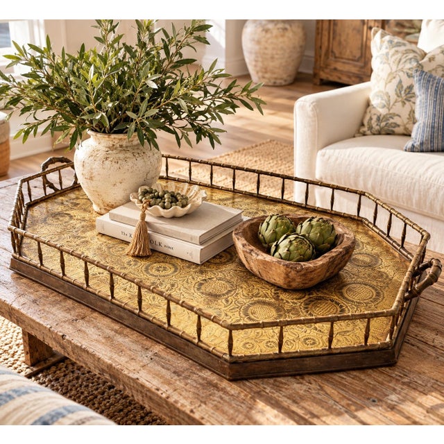 Gold Oversized Vintage Hand-Tooled Brass Gallery Tray With Raised Rail & Handles For Sale - Image 8 of 8