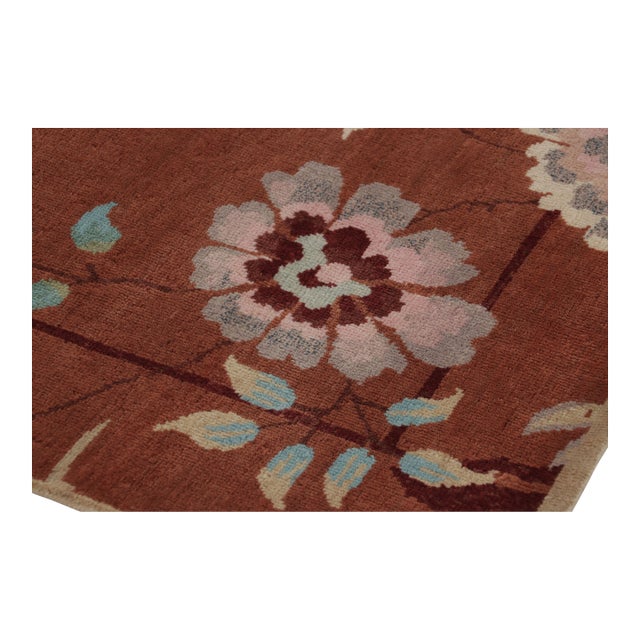 Rug & Kilim’s Chinese Art Deco Inspired Square Rug, Vibrant Florals on Rust For Sale