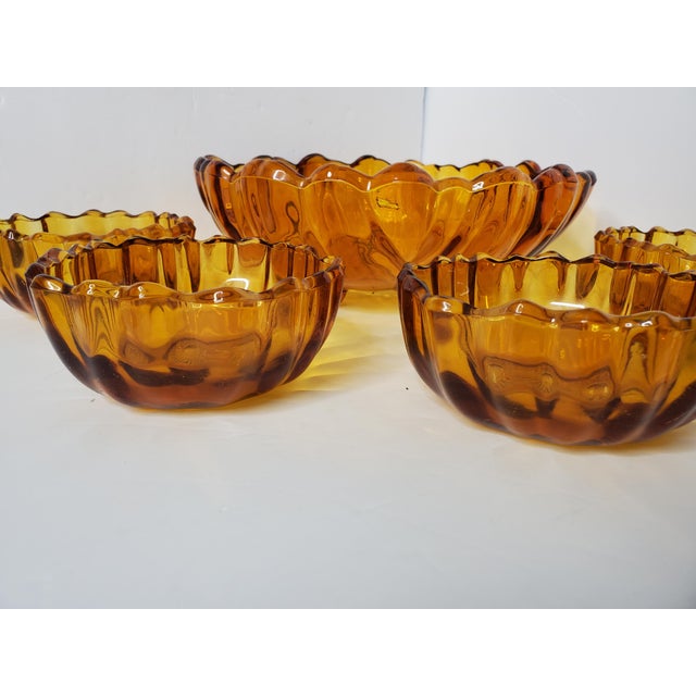 1960s Amber Indiana Glass Salad Bowl Set Sunflower Pattern - 5 Pieces