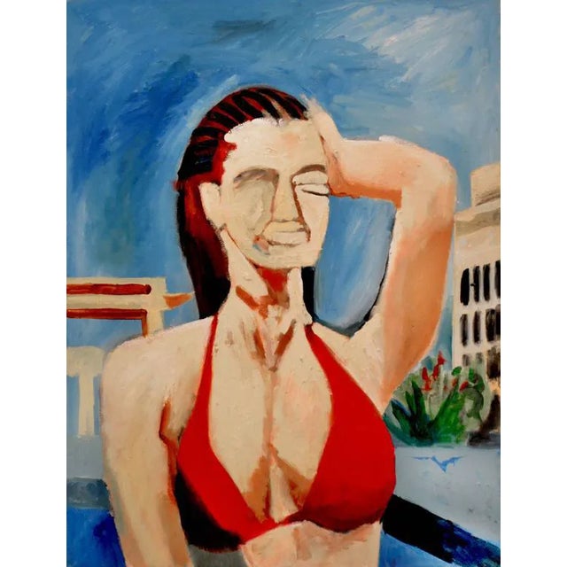 "Red Top/Red Head" Contemporary Modernist Figurative Oil Painting For Sale