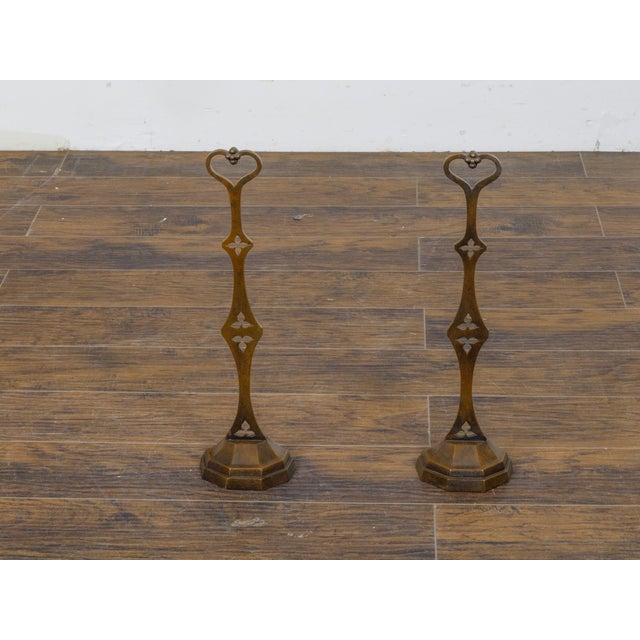 19th-Century English Bronze Andirons with Gothic Details and Heart Finials For Sale - Image 4 of 12