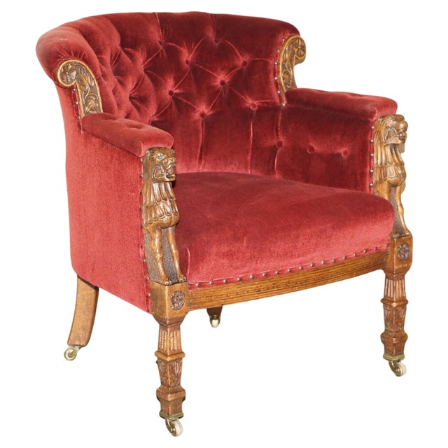 Regency Lions Head Carved Oak Armchair with Oxblood Velour Upholstery, 1810s For Sale