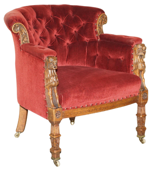 Regency Lions Head Carved Oak Armchair with Oxblood Velour Upholstery, 1810s