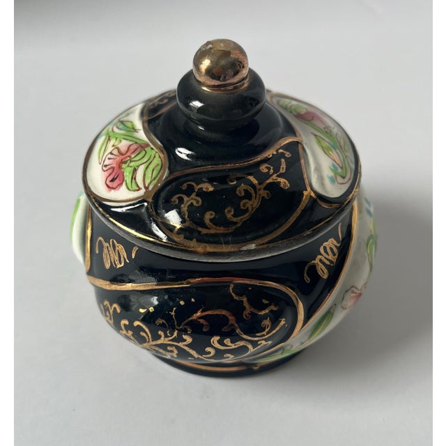 Vintage Mid Century Norleans Hollywood Regency Black & Gold Porcelain Lidded Sugar Bowl Trinket Box , Japan For Sale - Image 4 of 11