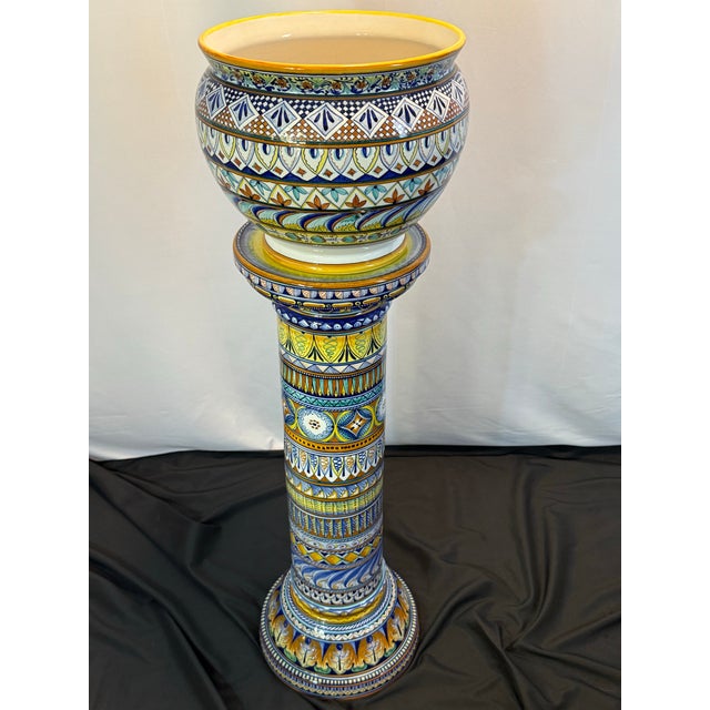 Ceramic Franco Mari Deruta Hand-Painted Italian Maiolica Jardinière and Pedestal For Sale - Image 7 of 12