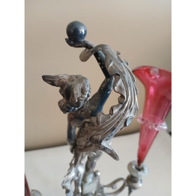 Wilcox Figural Silver Plate Epergne With Cranberry Glass For Sale In Minneapolis - Image 6 of 14