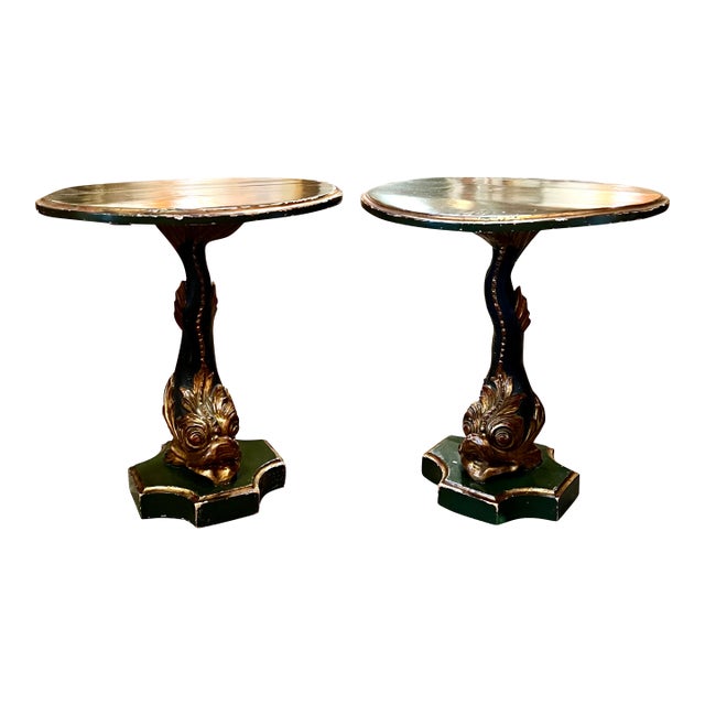 19th Century Pair Carved Gilded Painted Dolphin Base Italian Side Tables For Sale