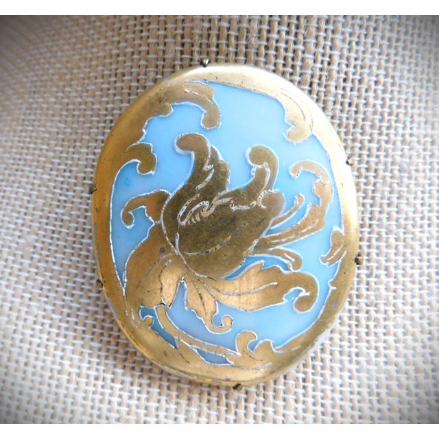 Metal Limoges Hand-Painted Art Nouveau Aqua Porcelain and Gold Leaf Oval Antique Brooch Pin For Sale - Image 7 of 8