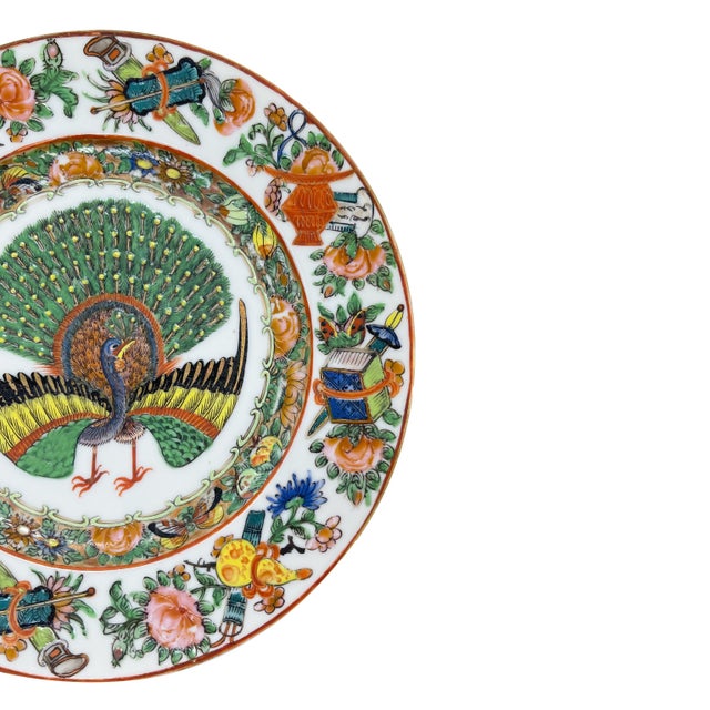 Chinese Chinese Export Canton Famille Rose Plate With Rare Central Peacock, Ca. 1865 For Sale - Image 3 of 10