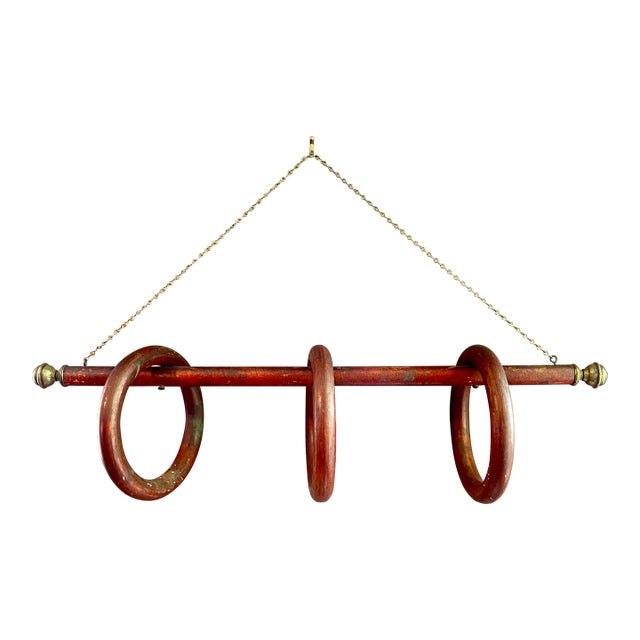 Belle Epoque Three Ring Wood & Brass Hanging Towel Rack For Sale