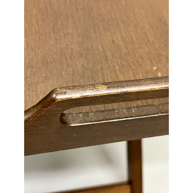 Vintage English Style Campaign Folding Tray Tables, Pair – Brass Gallery Tray on Folding Wooden Stands For Sale - Image 12 of 18