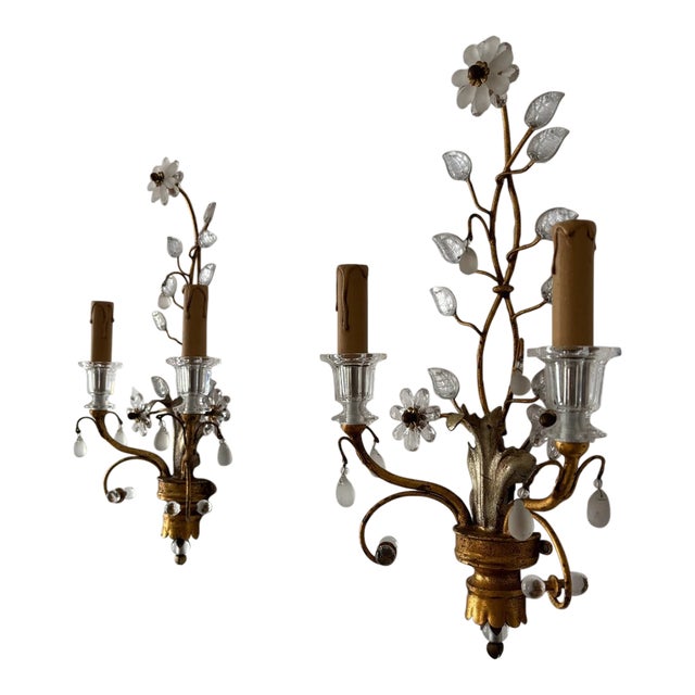 Maison Bagues Gold & Silver Flowers Glass Balls French Sconces, C 1940 Signed For Sale
